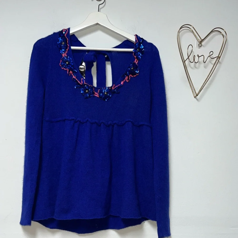 Free People Royal Blue sequins Embellished babydoll sweater size M